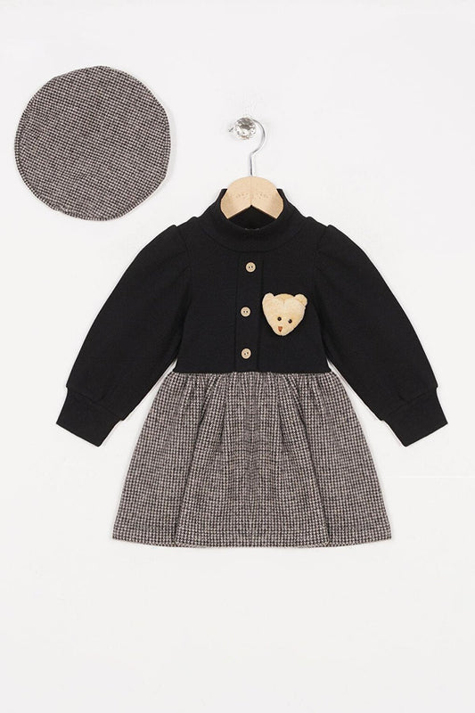 Girl's Beige Colored Dress with Teddy Bear Accessory and Hat