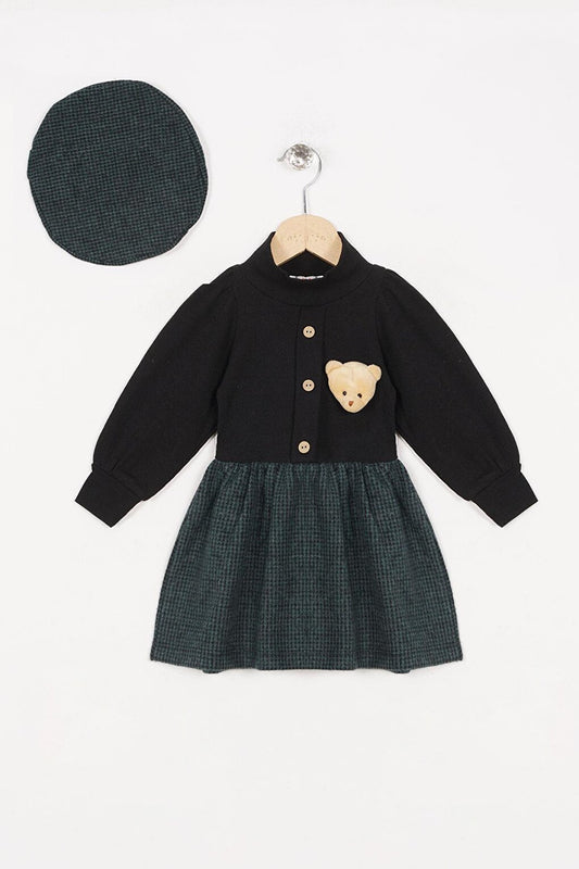 Girl's Green Colored Dress with Teddy Bear Accessory and Hat on the Collar