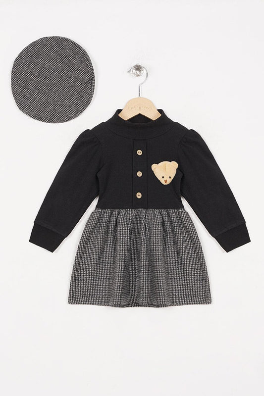 Girl's Grey Color Collar Teddy Bear Accessory Hat Dress