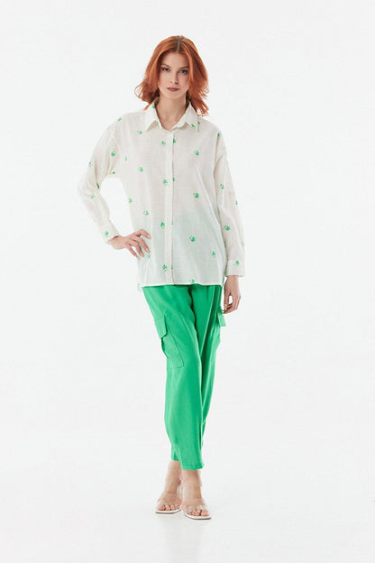 Casual Linen Shirt with Floral Embroidery