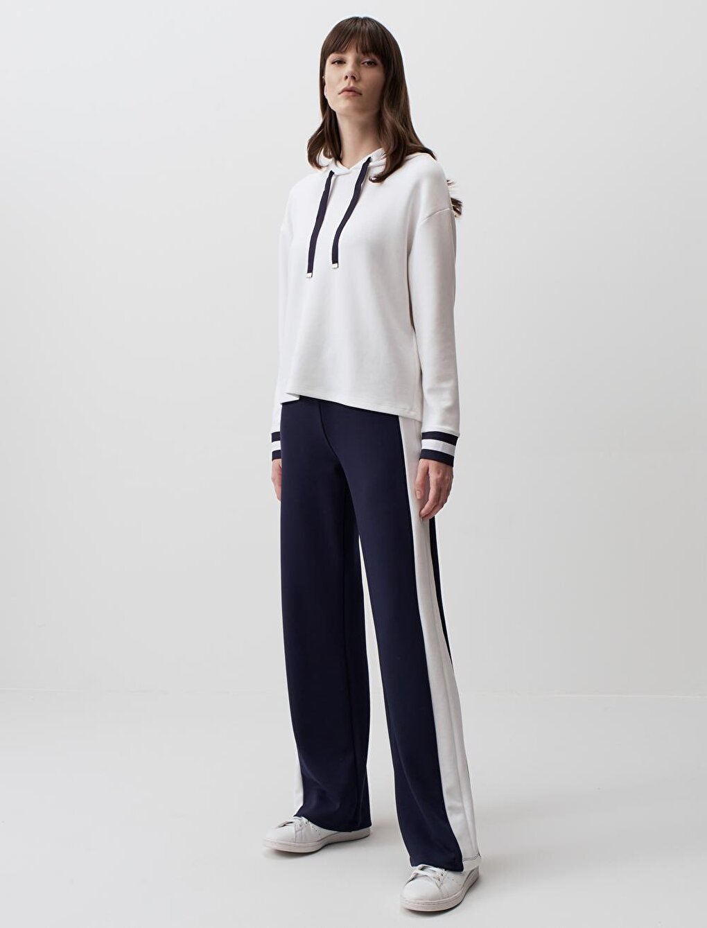 Navy Blue High Waist Wide Leg Striped Trousers