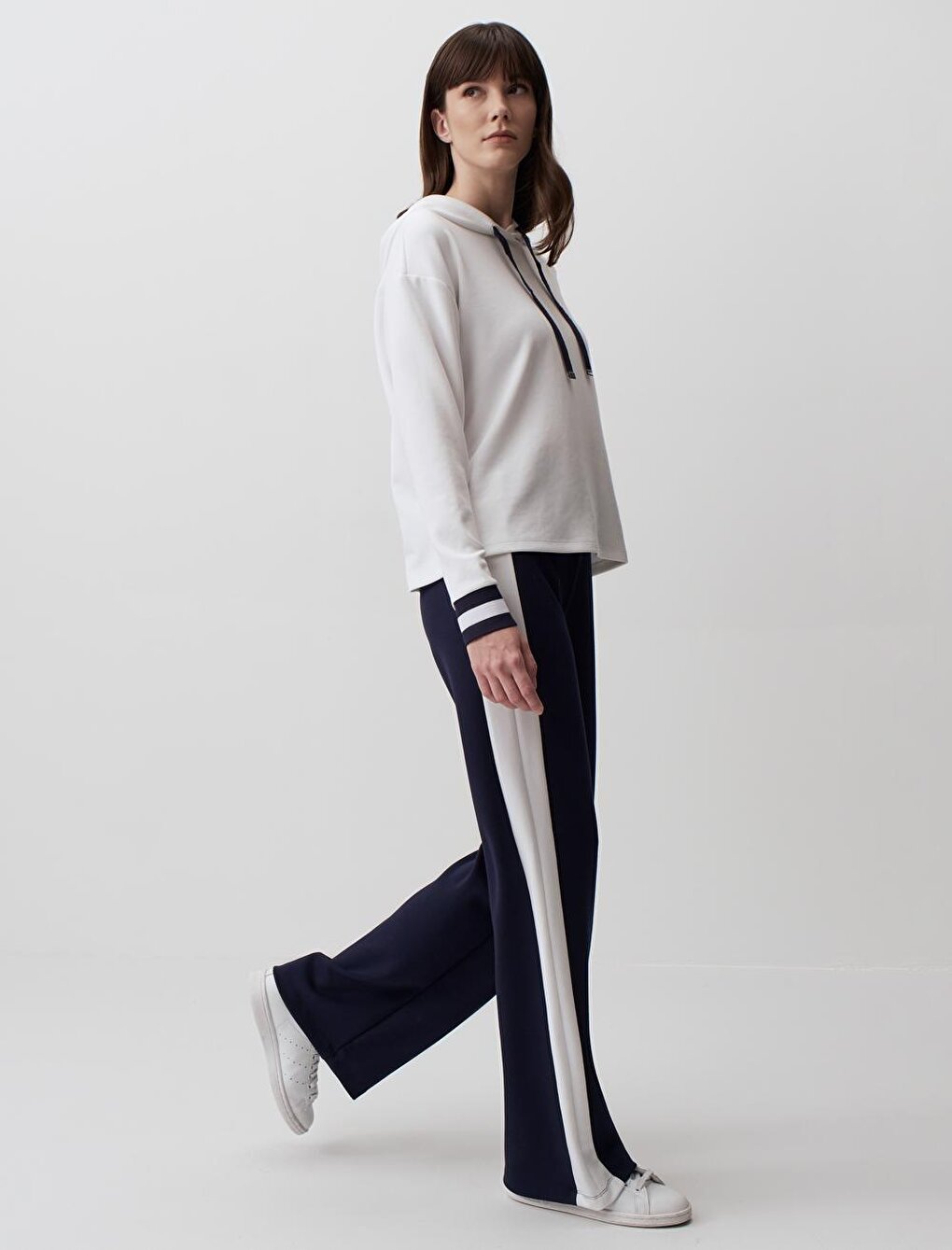 Navy Blue High Waist Wide Leg Striped Trousers