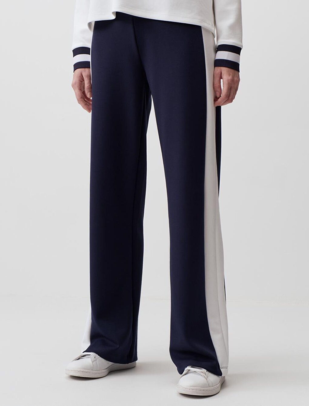 Navy Blue High Waist Wide Leg Striped Trousers