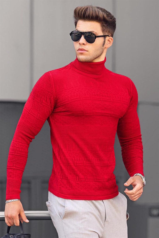 Red Turtleneck Patterned Sweater 4661-6