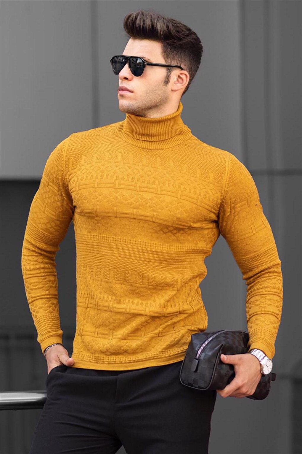 Mustard Turtleneck Patterned Sweater 4661-5