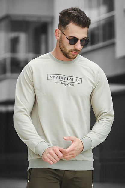 Never Give Up Printed Slim Fit Lycra Crew Neck Men's Sweatshirt