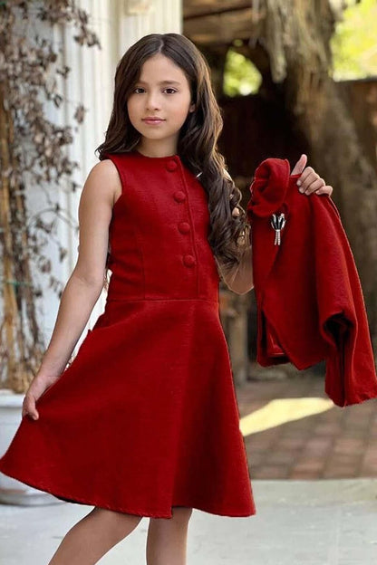 Girl's Sleeveless Stash Red Dress with Buttons on the Front and Side Zipper Detail