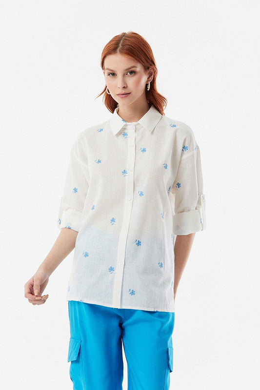 Casual Linen Shirt with Floral Embroidery