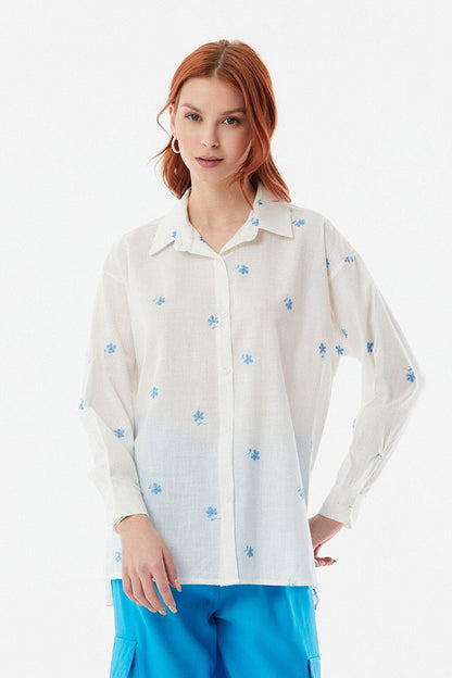 Casual Linen Shirt with Floral Embroidery