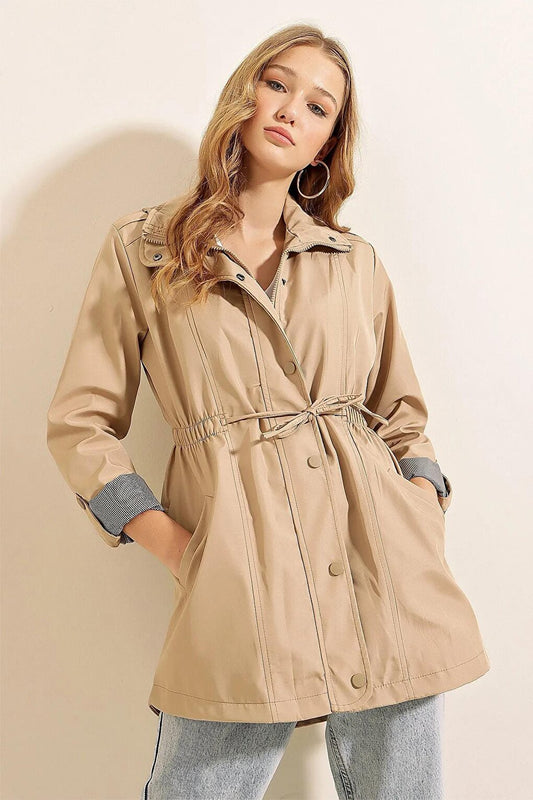 Beige Zippered Waist Drawstring Trench Coat with Sleeve Cuffs