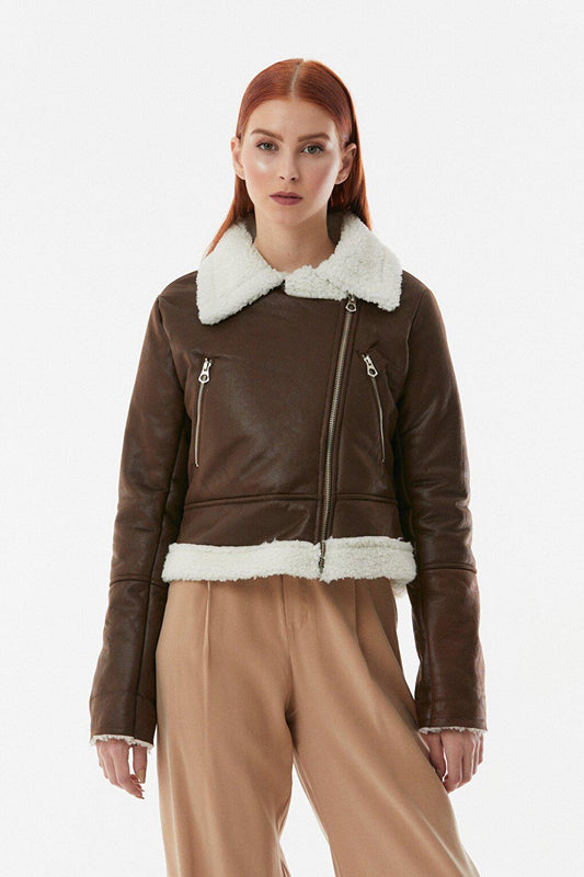 Fur Lined Zippered Polo Collar Coat