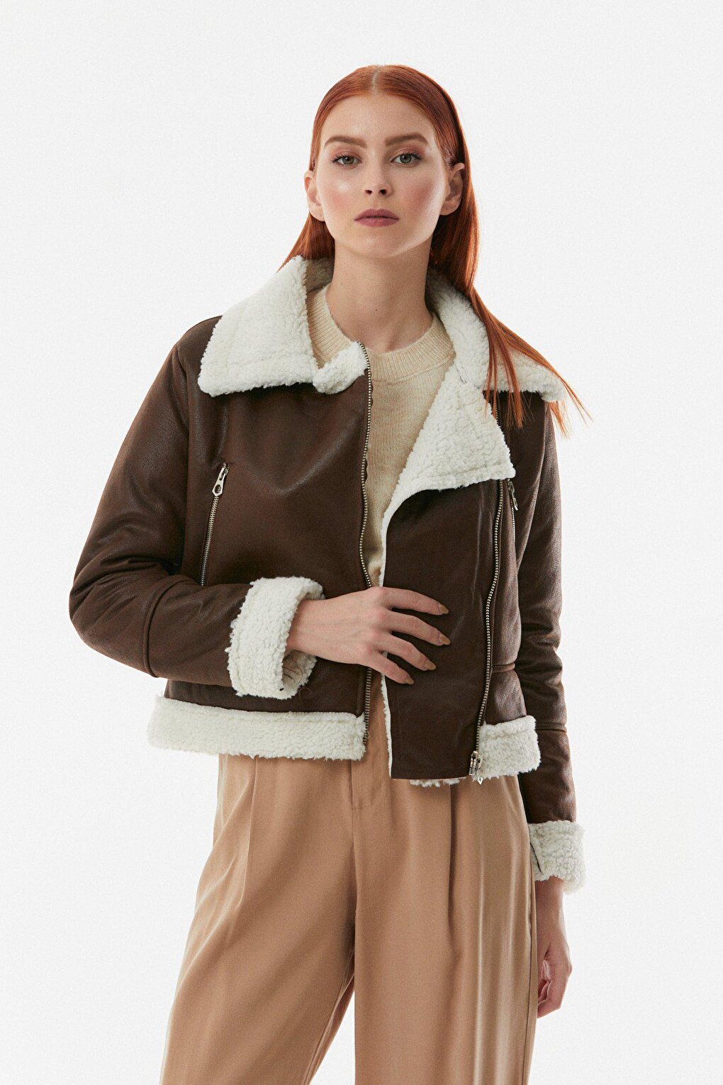 Fur Lined Zippered Polo Collar Coat