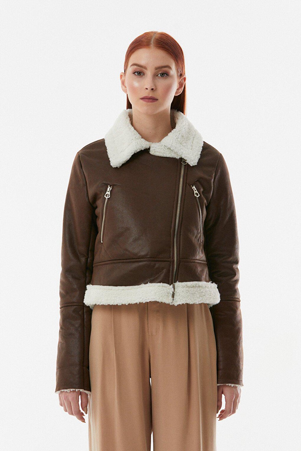 Fur Lined Zippered Polo Collar Coat