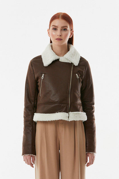 Fur Lined Zippered Polo Collar Coat