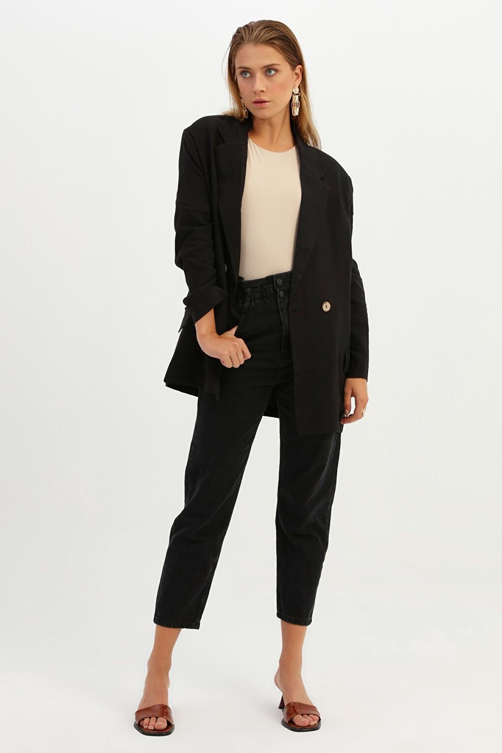 Double Breasted Collar Single Button Linen Blazer Jacket Black