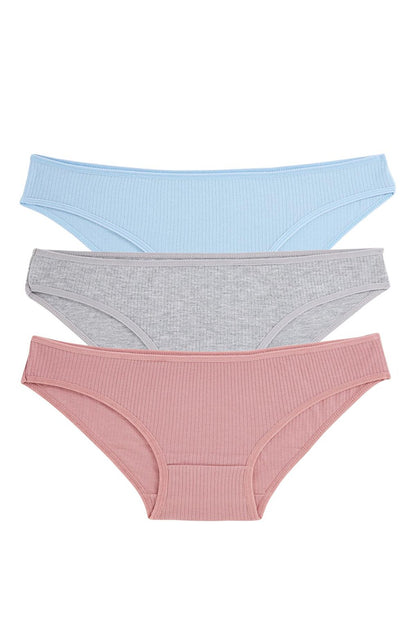 Mixed Ribbed Rose Red Gray Blue 3-Piece Panties 128