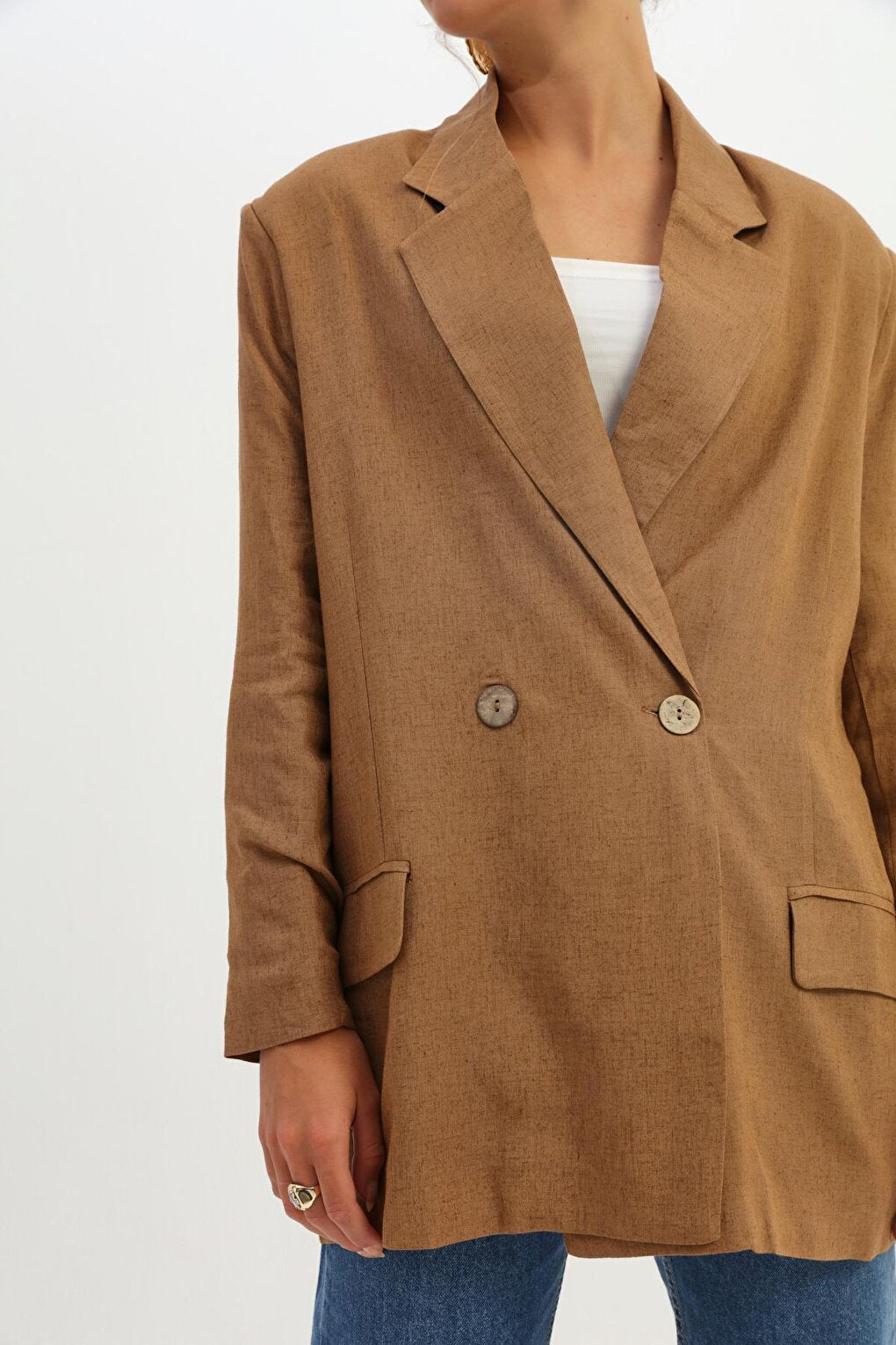 Double Breasted Collar Single Button Linen Blazer Jacket Brown