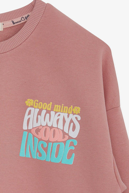 Girl's Sweatshirt Colorful Text Printed Dried Rose (Age 9-14)