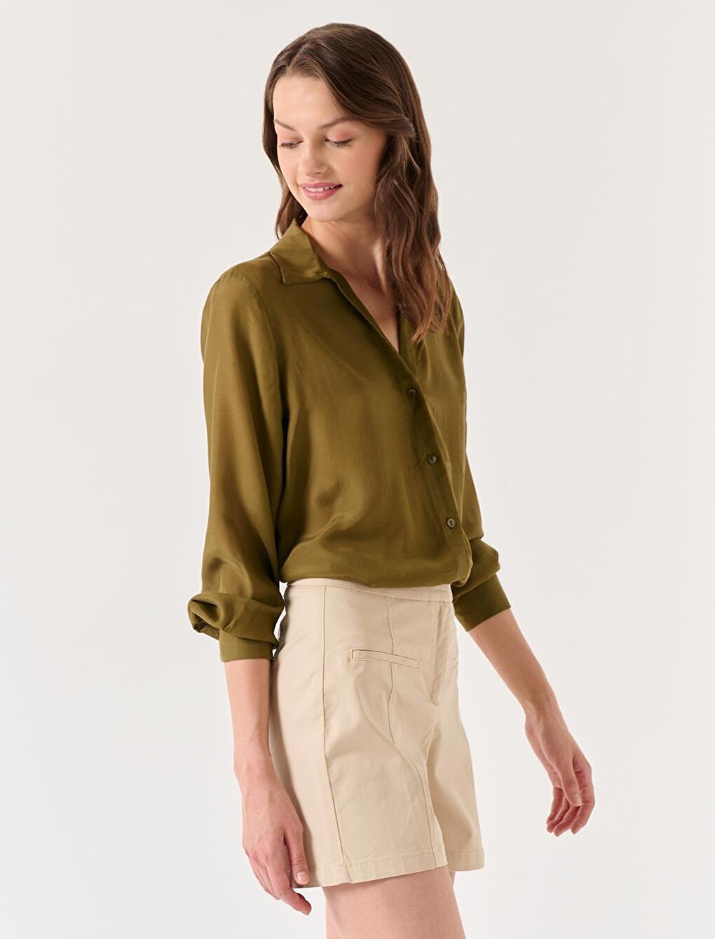 Khaki Long Sleeve Shirt Collar Woven Shirt