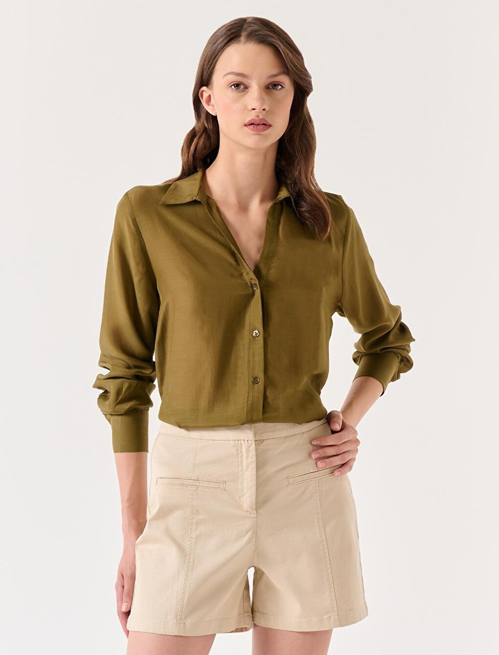 Khaki Long Sleeve Shirt Collar Woven Shirt