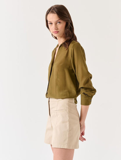 Khaki Long Sleeve Shirt Collar Woven Shirt