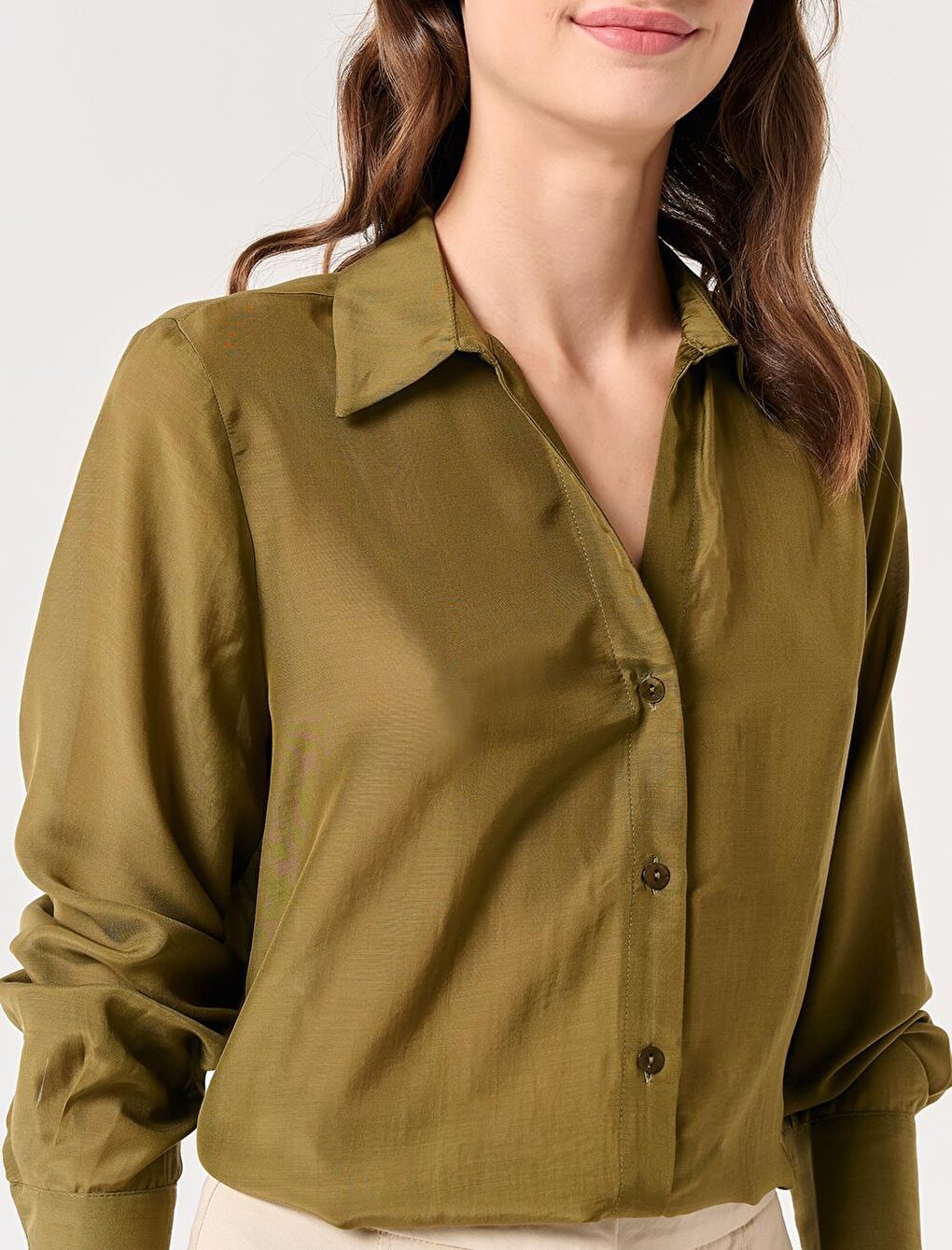 Khaki Long Sleeve Shirt Collar Woven Shirt