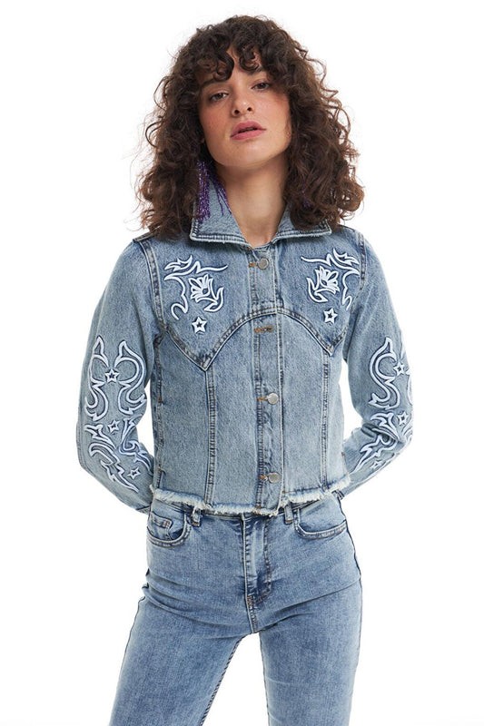 Embroidery Detailed Jean Jacket Ice Blue