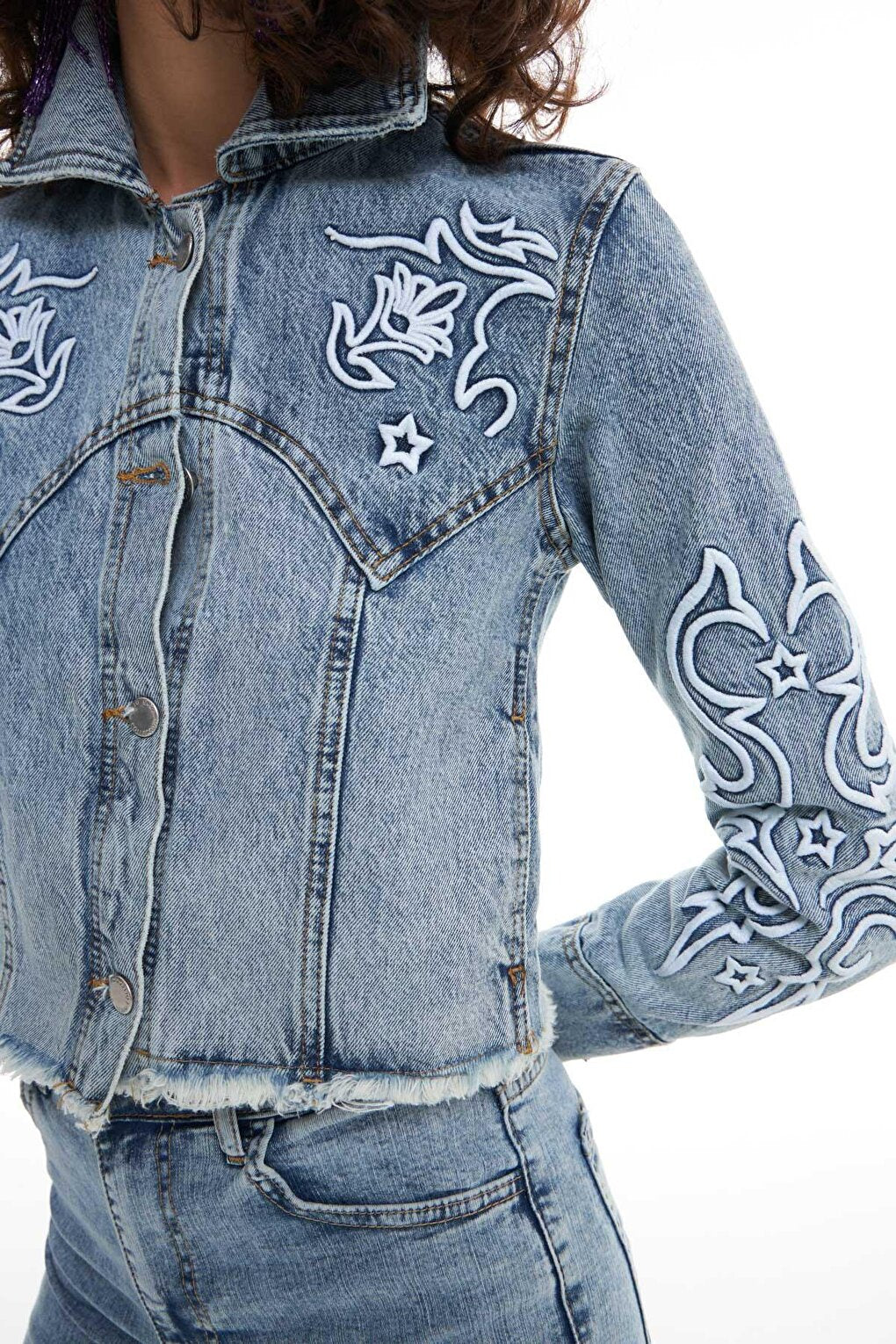 Embroidery Detailed Jean Jacket Ice Blue