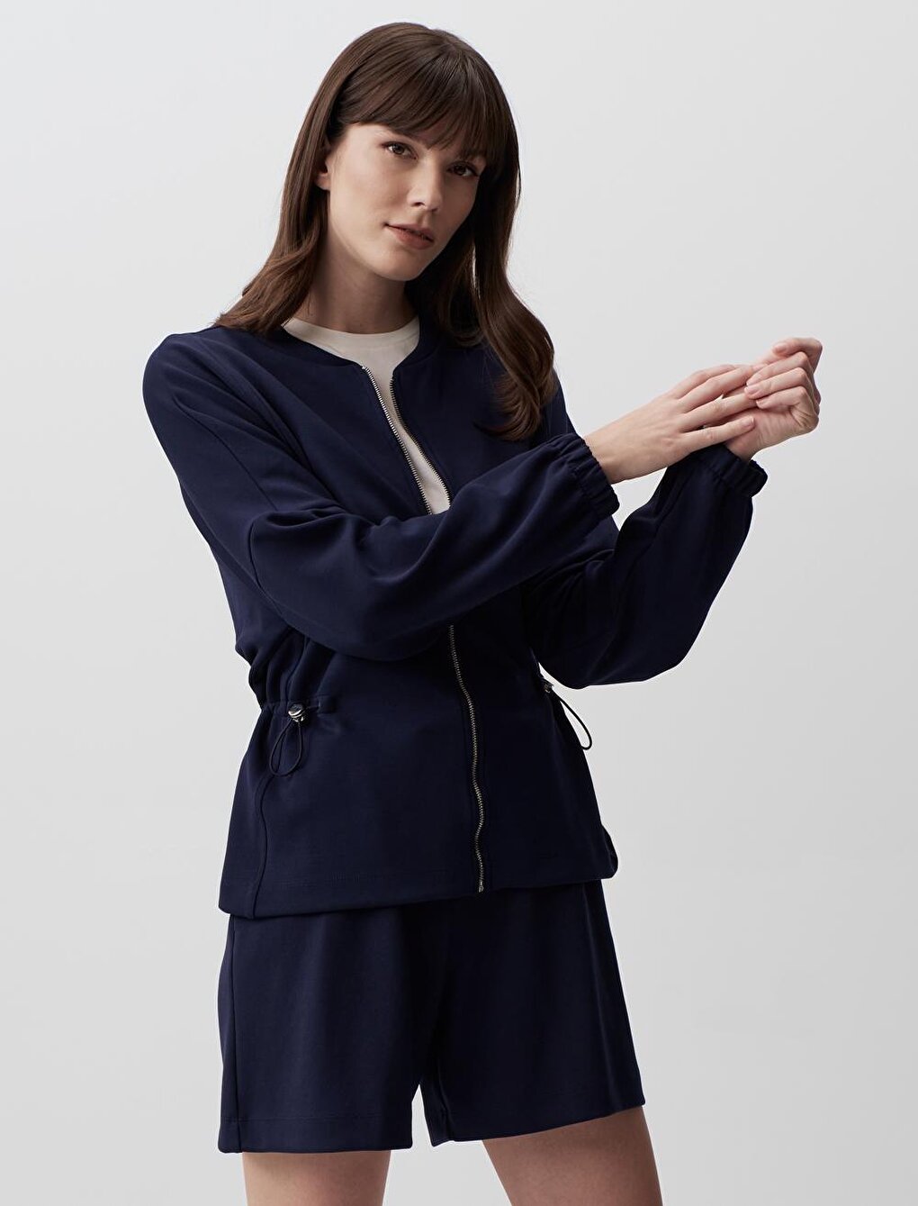 Navy Blue Round Neck Long Sleeve Zipper Jacket