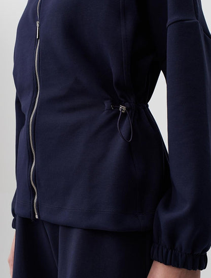 Navy Blue Round Neck Long Sleeve Zipper Jacket