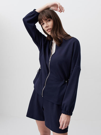 Navy Blue Round Neck Long Sleeve Zipper Jacket