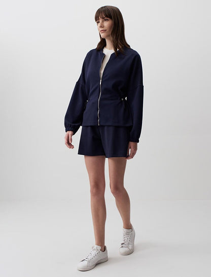 Navy Blue Round Neck Long Sleeve Zipper Jacket