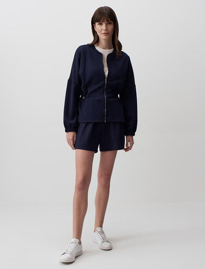 Navy Blue Round Neck Long Sleeve Zipper Jacket