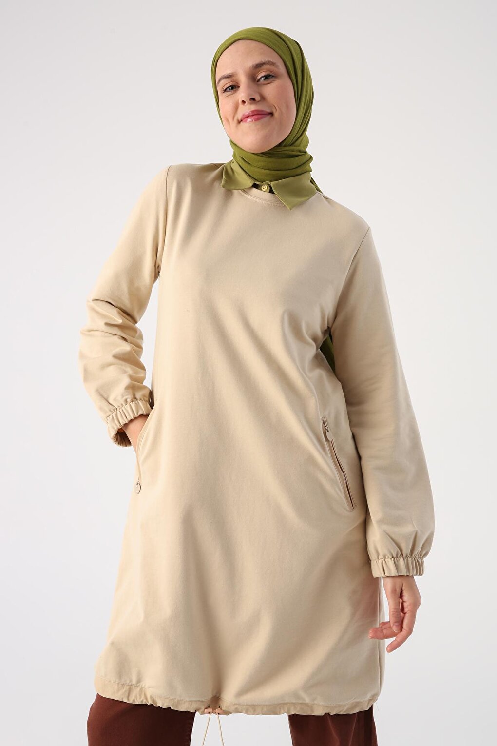 Beige01 Woven Garnished Zipper Pocket Tunic