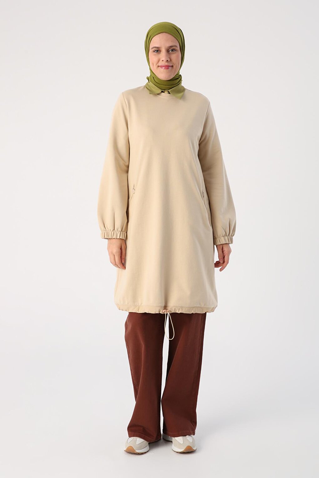 Beige01 Woven Garnished Zipper Pocket Tunic