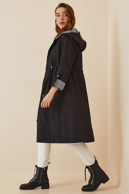 Women's Black Gathered Waist Hooded Long Trench Coat HZL22W-BD190911