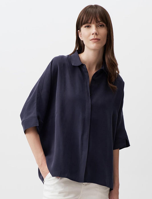 Navy Blue Loose Cut Three Quarter Sleeve Slit Shirt