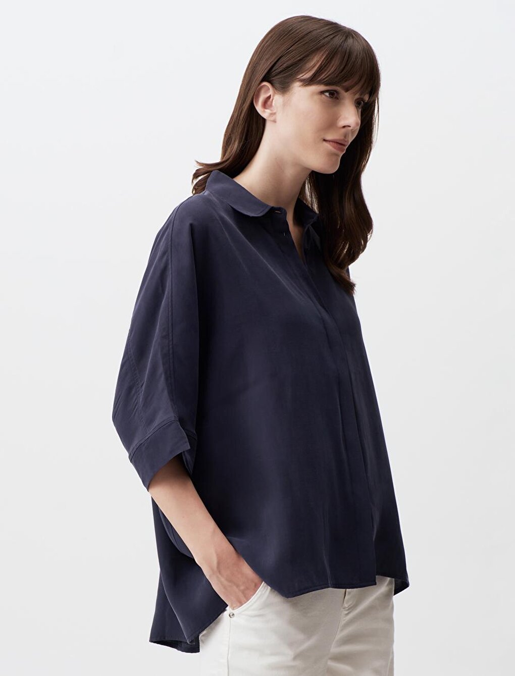 Navy Blue Loose Cut Three Quarter Sleeve Slit Shirt