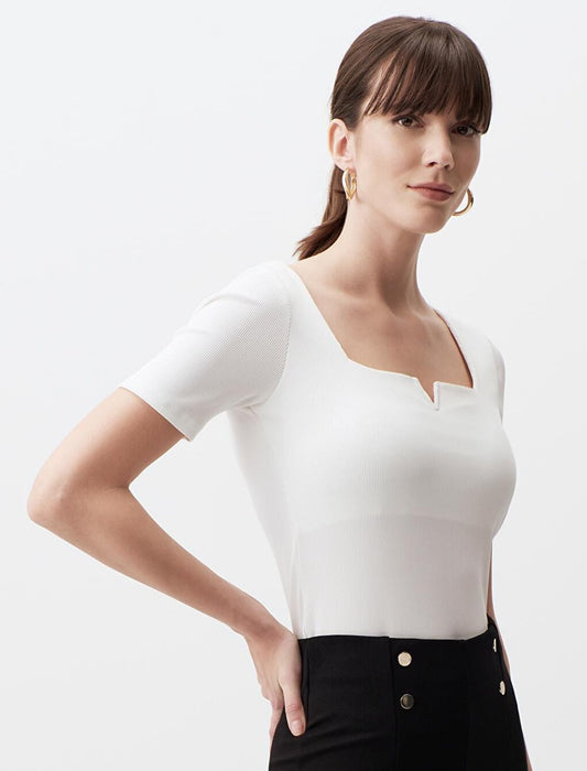 White Square Neck Short Sleeve Stylish Basic Blouse