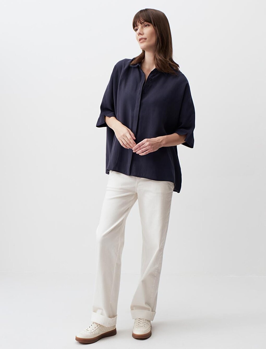 Navy Blue Loose Cut Three Quarter Sleeve Slit Shirt