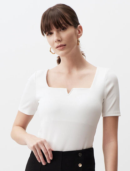 White Square Neck Short Sleeve Stylish Basic Blouse