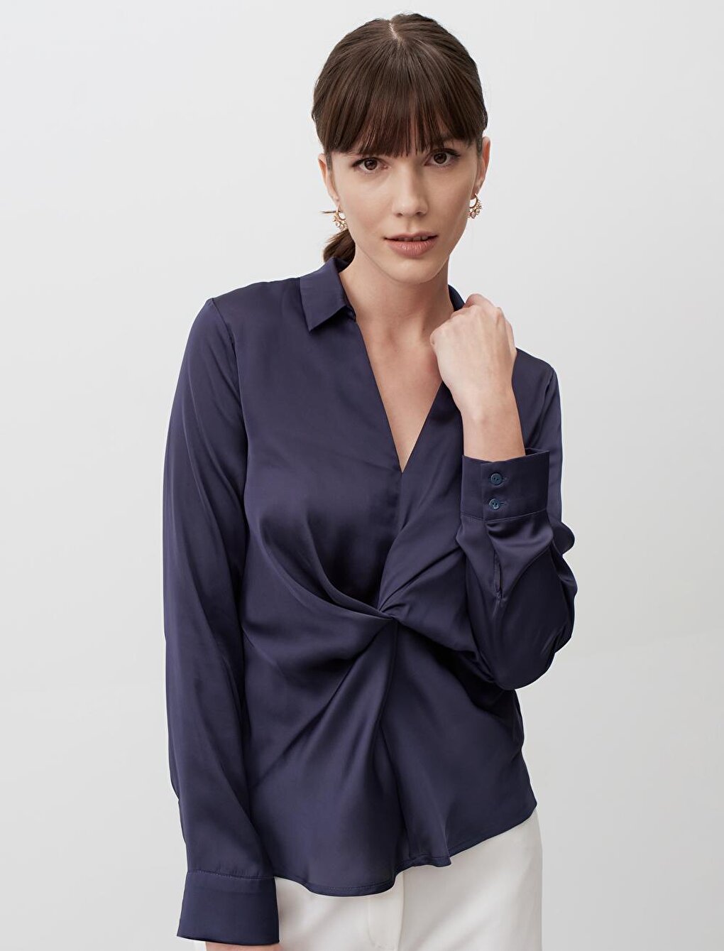 Blue Petrol High Neck Long Sleeve Satin Stylish Blouse