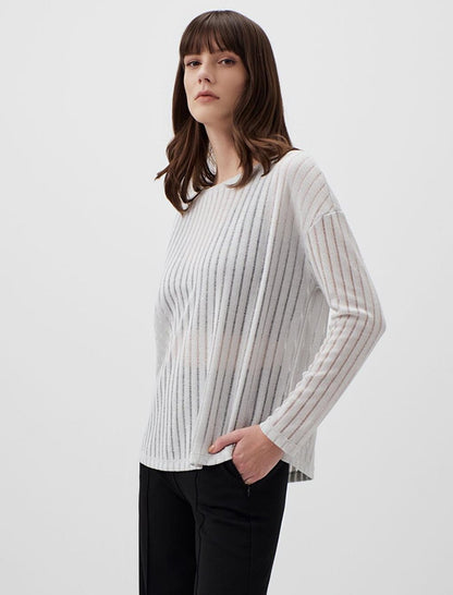 Silver Crew Neck Long Sleeve Stylish Openwork Blouse