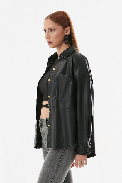 Faux Leather Single Pocket Oversize Shirt