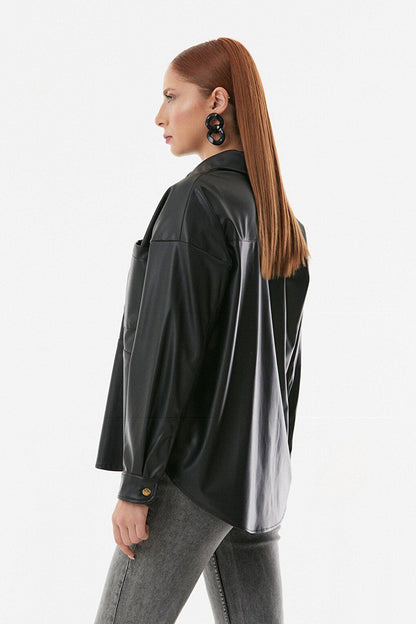 Faux Leather Single Pocket Oversize Shirt