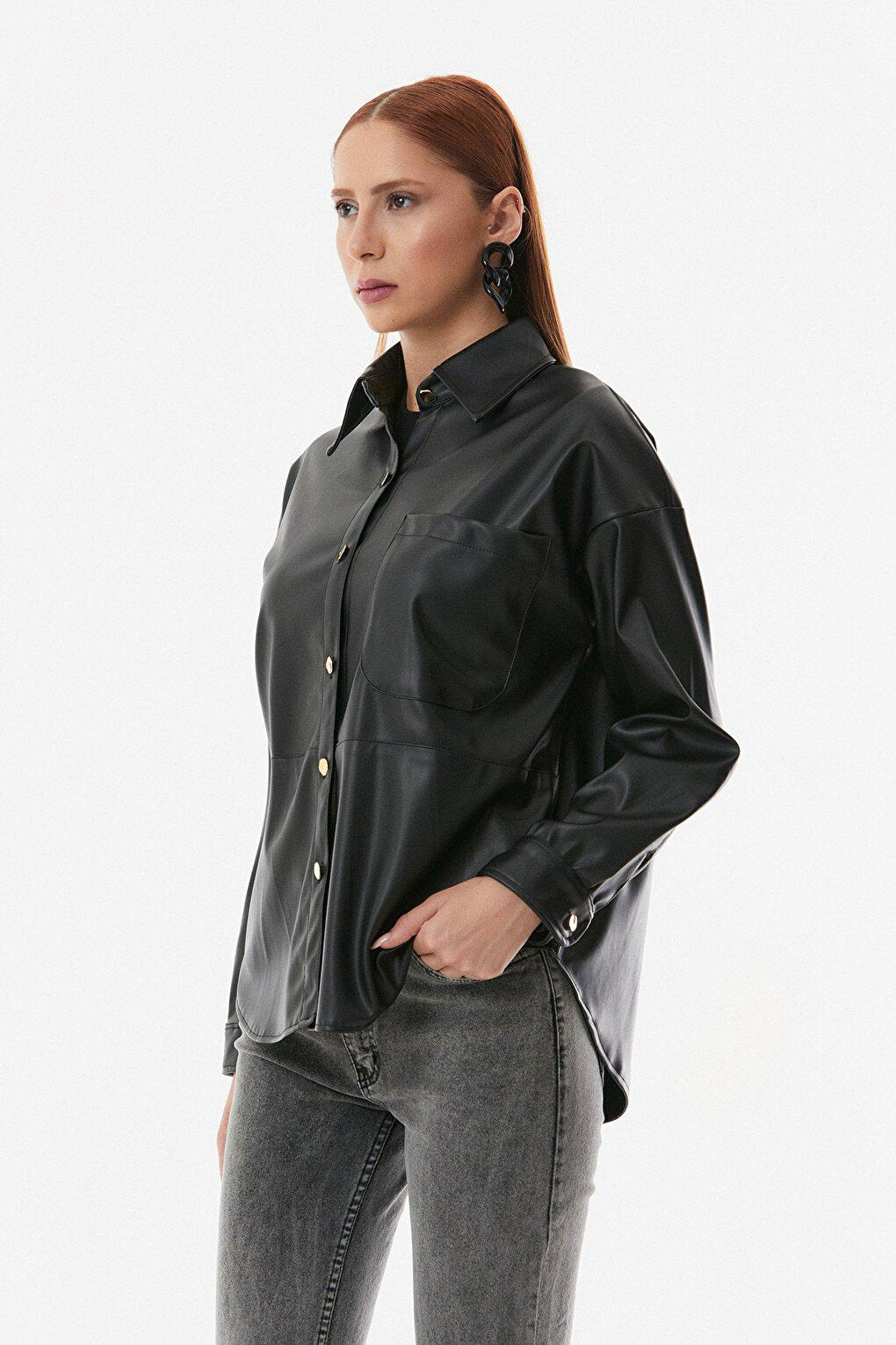 Faux Leather Single Pocket Oversize Shirt