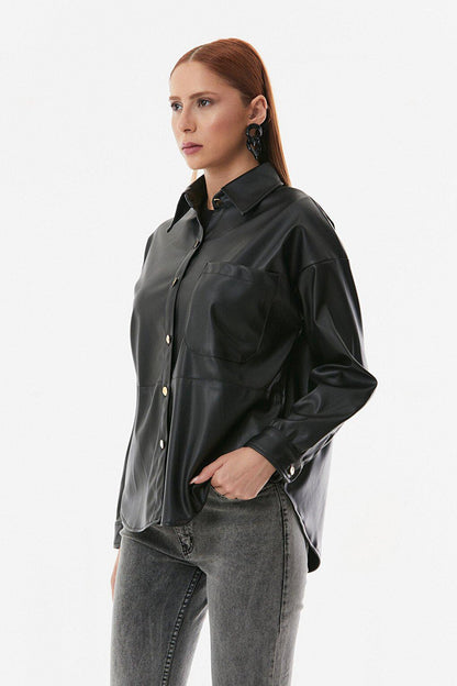 Faux Leather Single Pocket Oversize Shirt