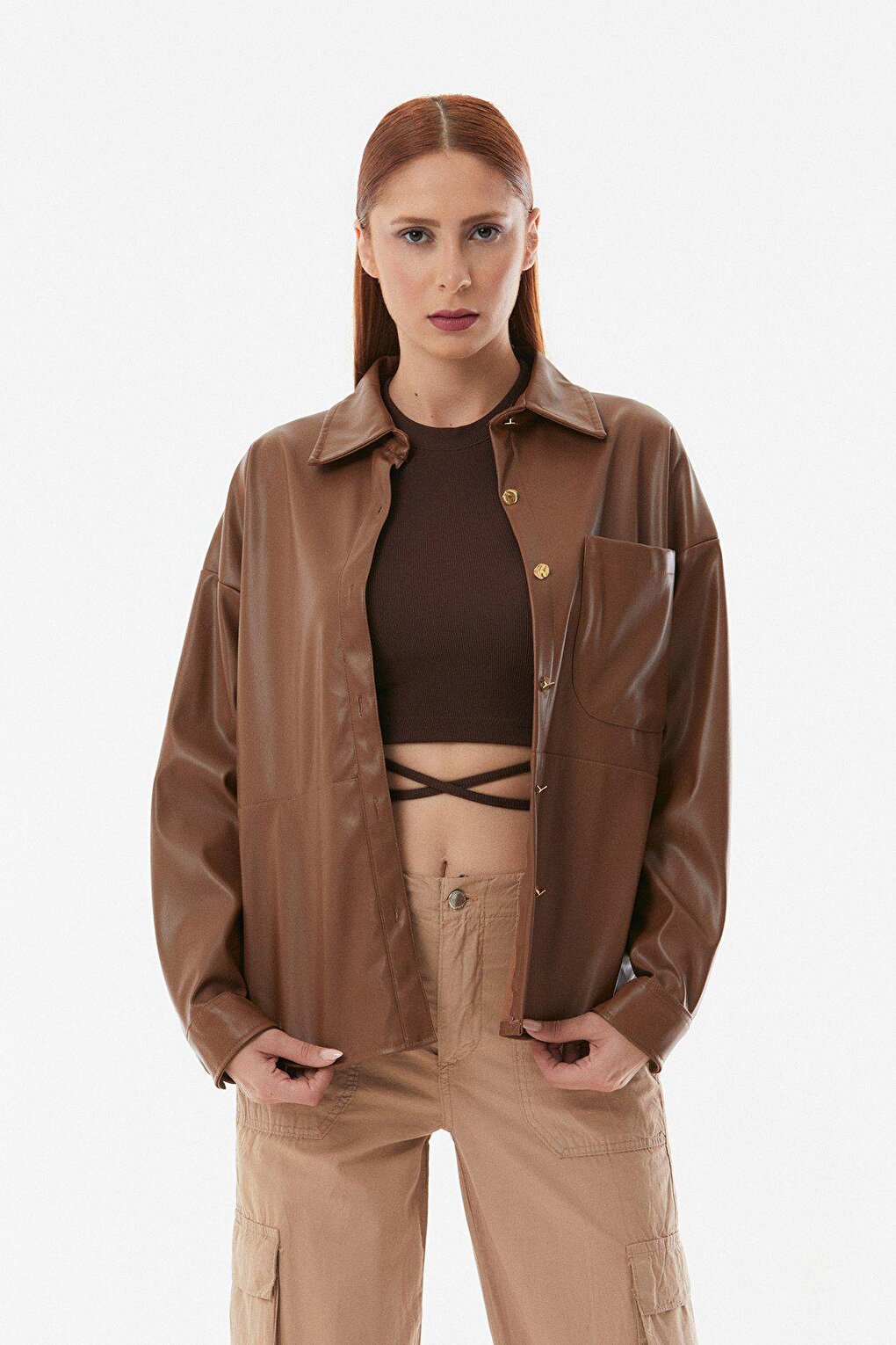 Faux Leather Single Pocket Oversize Shirt