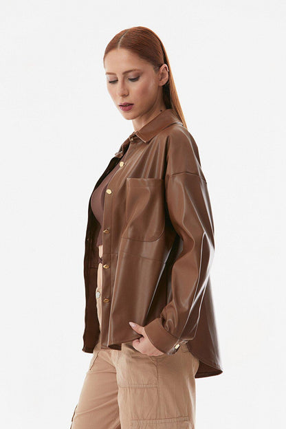 Faux Leather Single Pocket Oversize Shirt