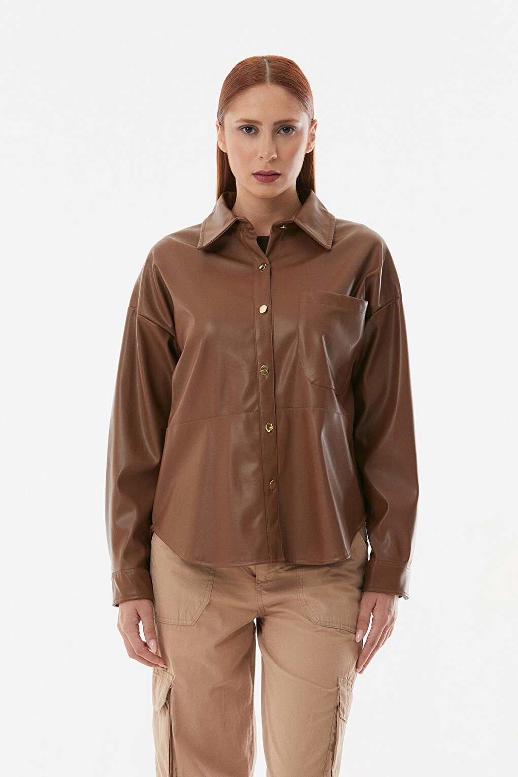 Faux Leather Single Pocket Oversize Shirt